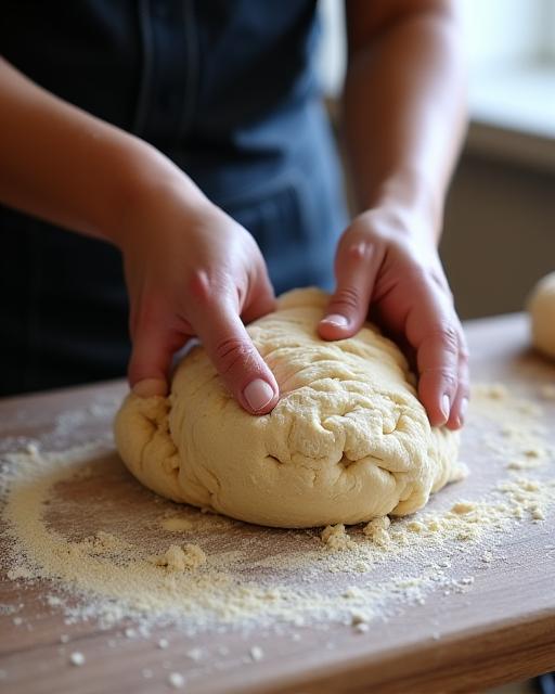 Saffron Spire's head baker carefully shaping a batch of sourdough dough on a rustic wooden bench.