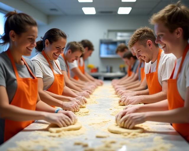 Participants smiling and engaged, learning hands-on during a Saffron Spire baking class, with flour and dough on the work surfaces.