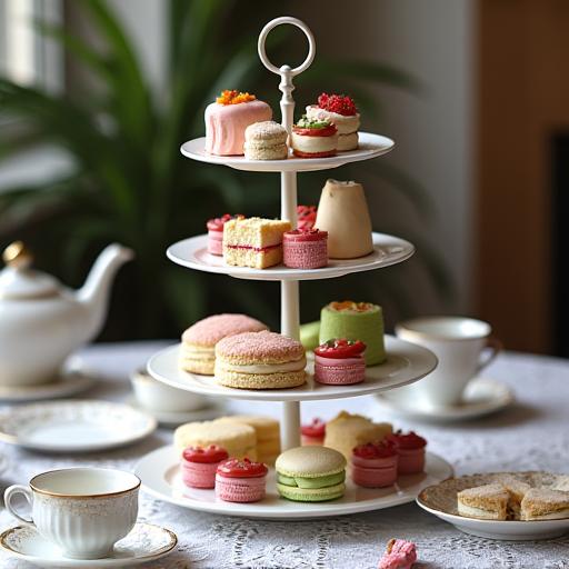 A tiered stand beautifully arranged with miniature sandwiches, fresh scones with clotted cream and strawberry jam, and an assortment of small, colourful cakes.