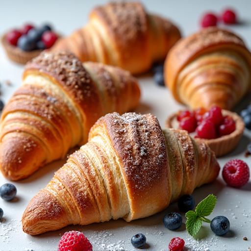 A delightful selection of freshly baked croissants, pain au chocolat, and fruit tarts dusted with powdered sugar.