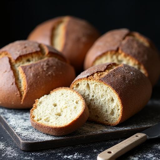 A collection of rustic sourdough bread loaves with deeply caramelized crusts and open, airy crumb on a wooden board.