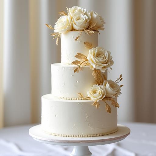An elegant multi-tiered wedding cake adorned with delicate white and gold sugar flowers, perfect for a grand celebration.