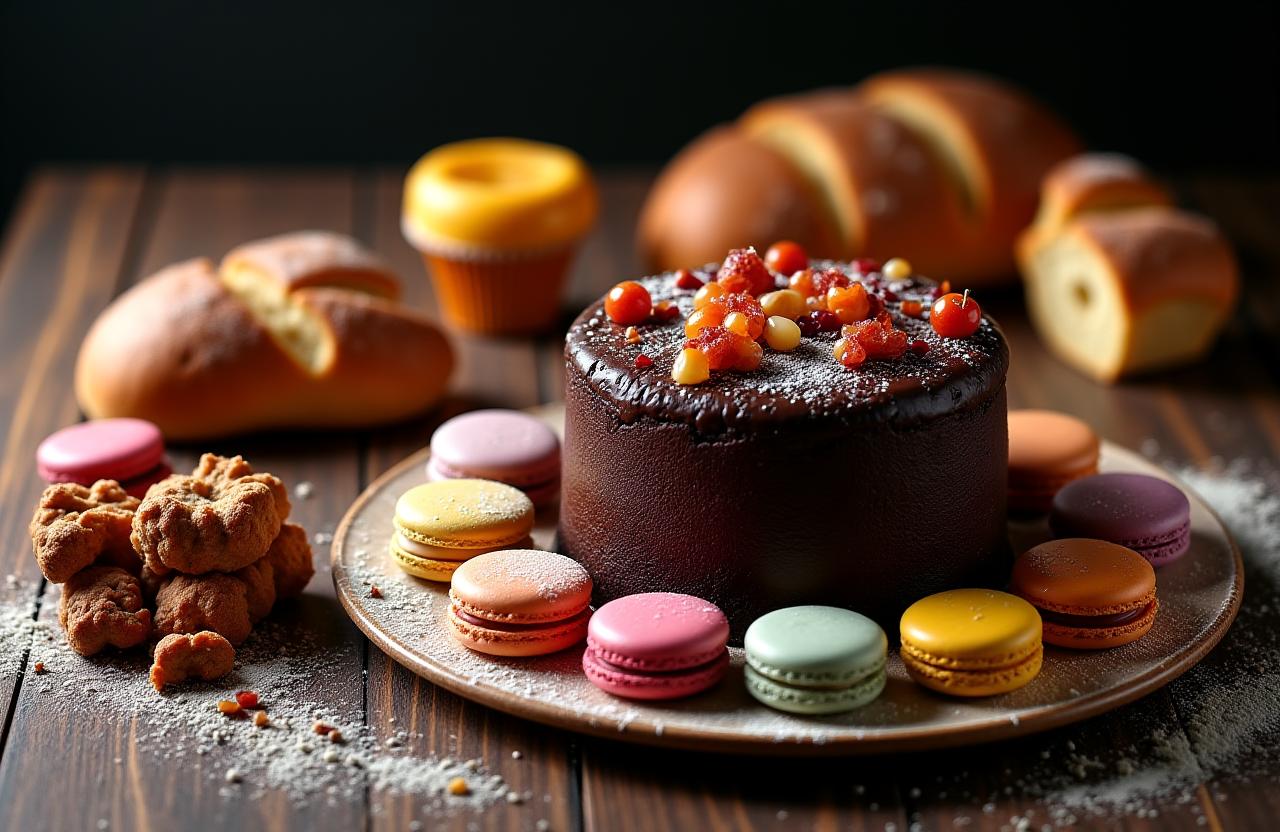 A beautiful arrangement of Saffron Spire's cakes and pastries, including a rich chocolate cake, delicate macarons, and artisan bread.